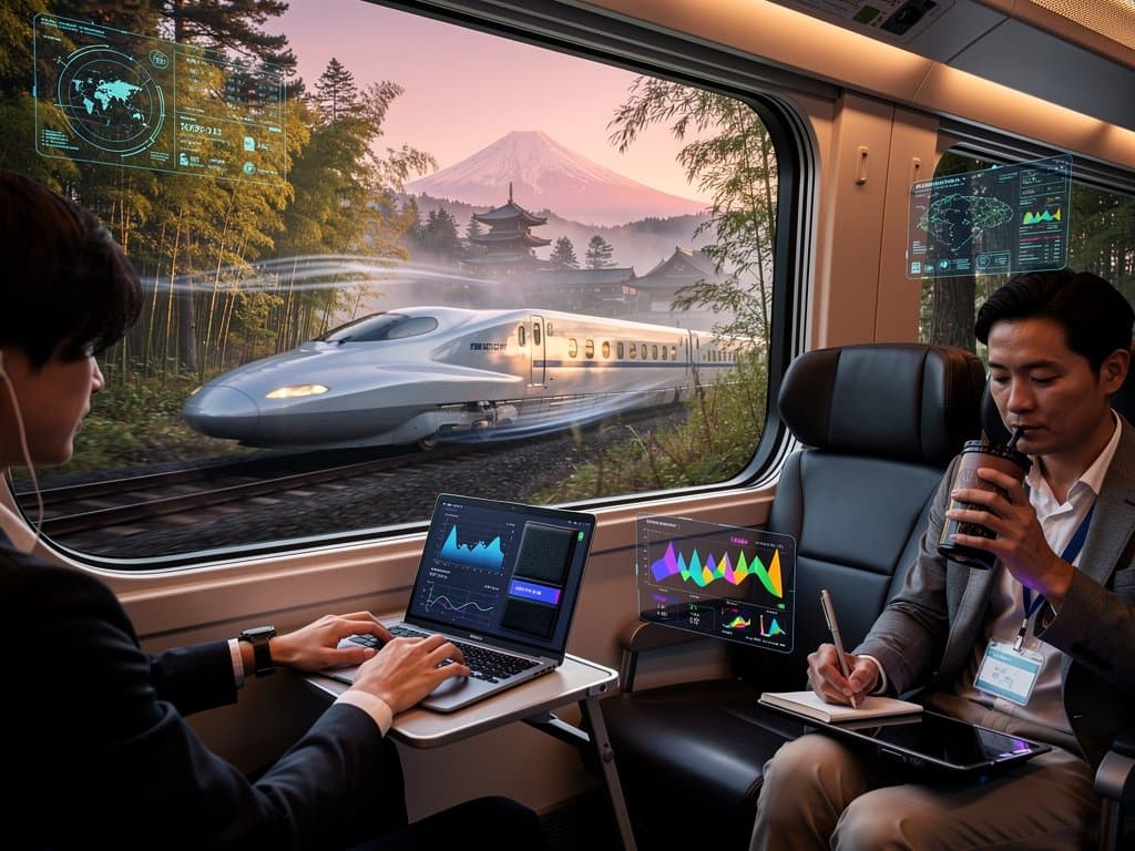 Shinkansen train races past Mount Fuji with AI holograms and crypto displays evoking high-tech travel efficiency