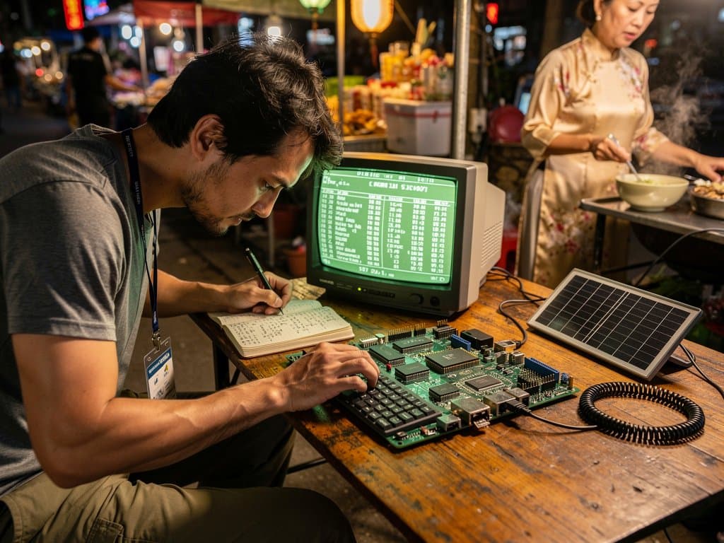 RC2014 retro board running Fuzix OS travel app on night market table amid lanterns, street food, backpack in Southeast Asia