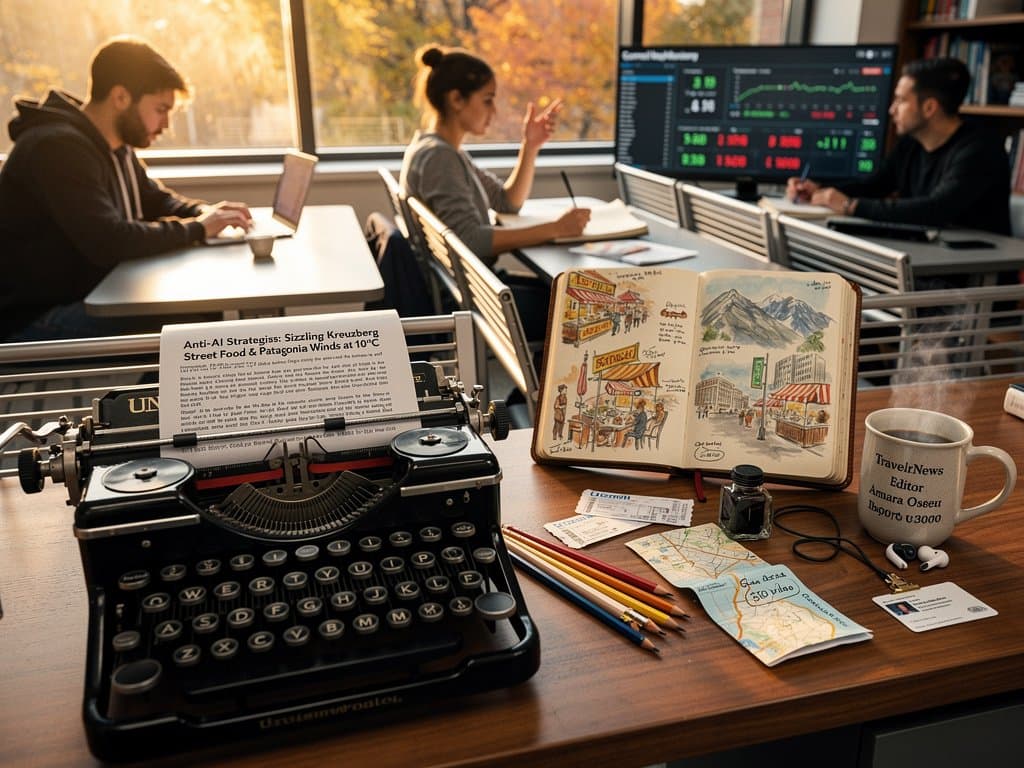 Vintage typewriter on modern university desk with travel notes, crypto charts on screens, and lab elements in background