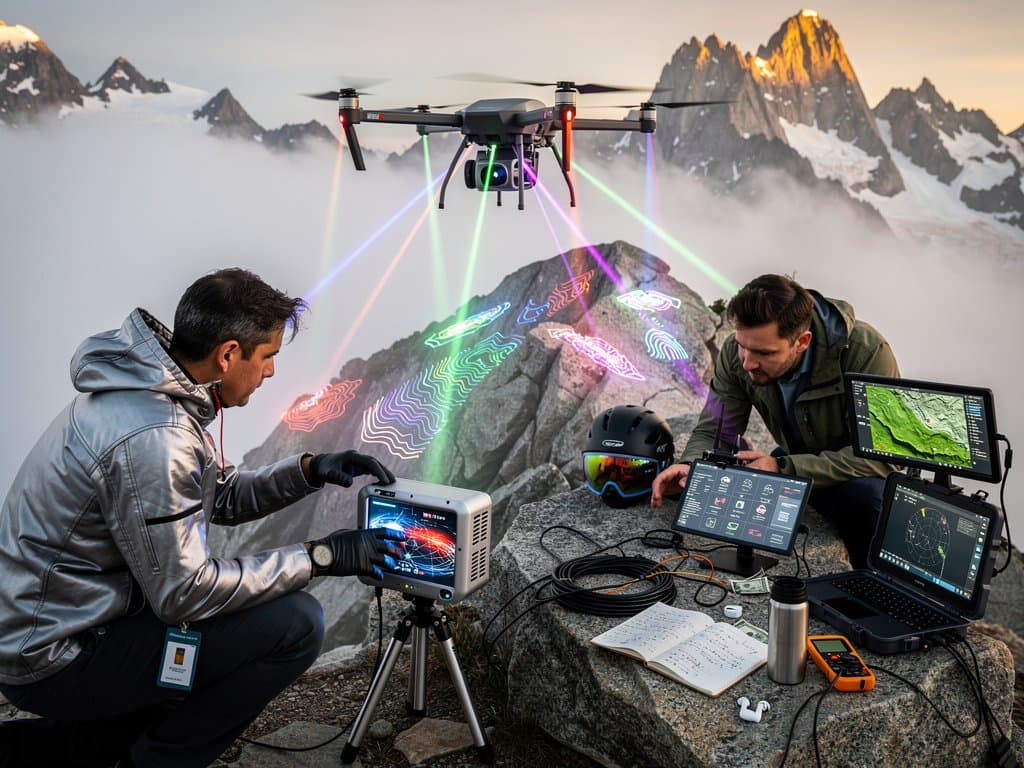 Drone with NIST tunable lasers scanning foggy Patagonian ridge, gear and spectral display in modern travel tech setup