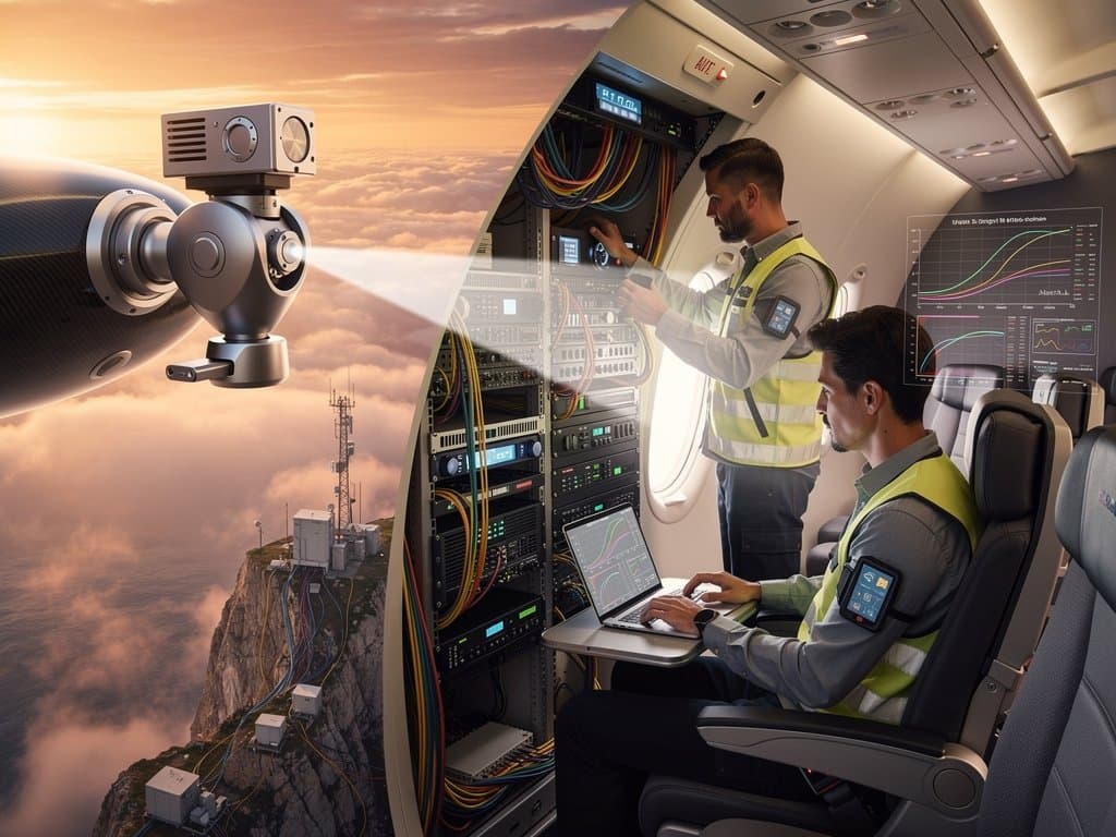 Jet at 35,000 feet with NIST laser beam linking to ground station amid clouds, inset tech displays showing gigabit speeds