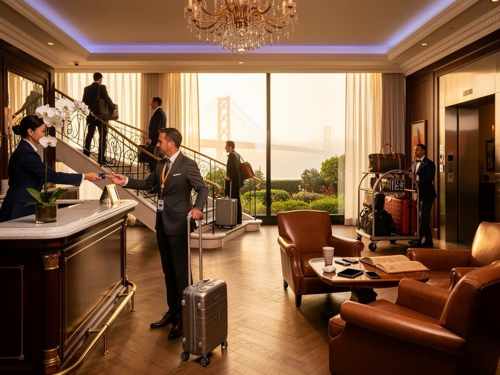 Concierge desk and guests in the opulent lobby of a Pacific Heights luxury boutique hotel with marble stairs and bay views through large windows
