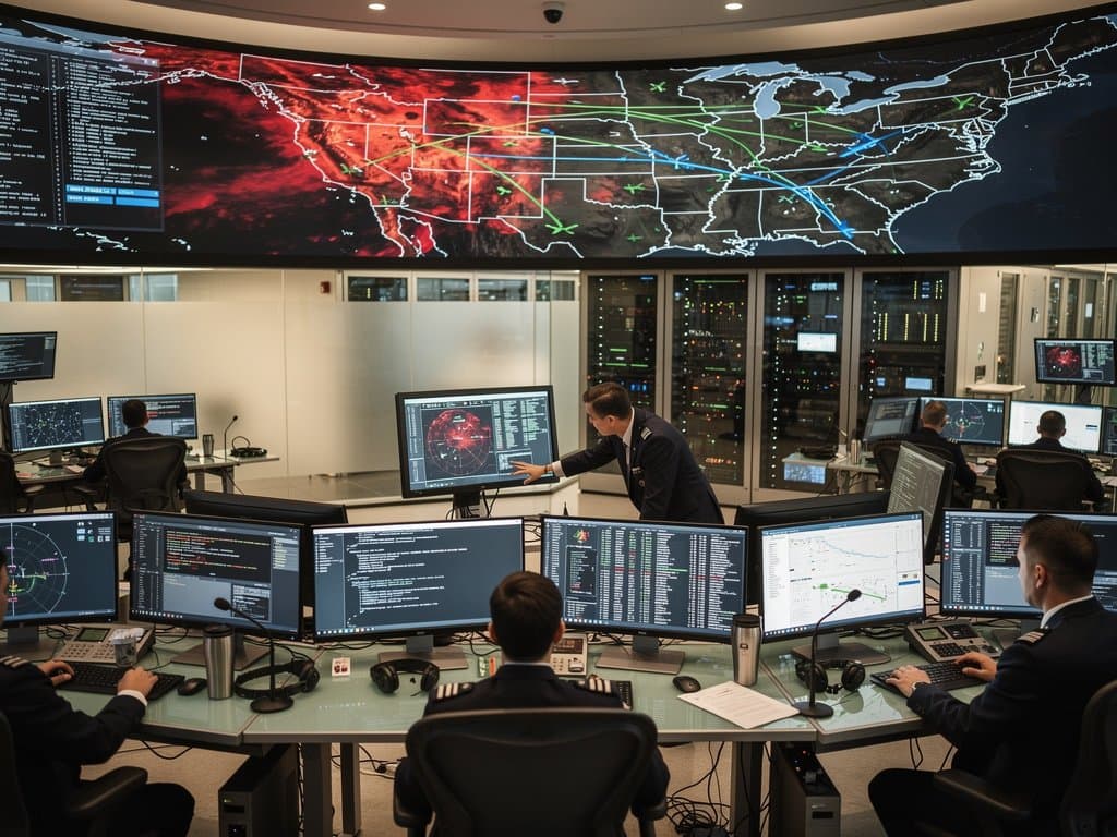 Futuristic air traffic control room screens display AI-enhanced 3D airspace maps with predictive trajectories amid weather simulations