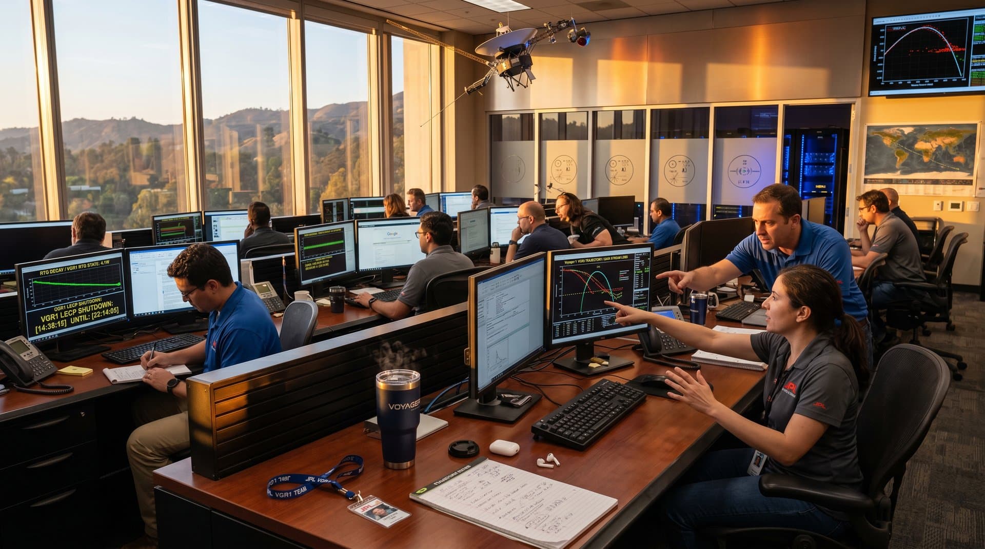 JPL engineers monitor Voyager 1 power telemetry and LECP shutdown on multi-monitor consoles in mission control