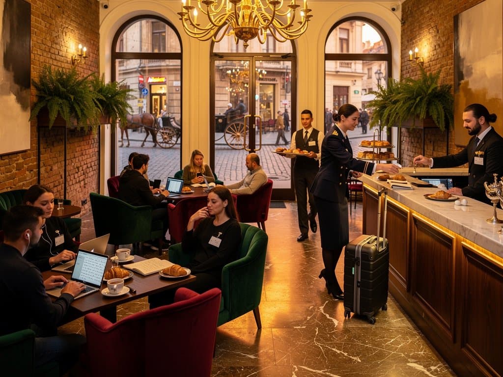 Luxurious Bucharest hotel lobby blending Old Town charm with modern tech amenities for travelers