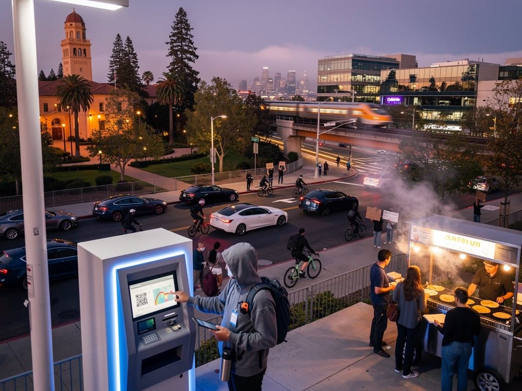 Palo Alto Silicon Valley dusk trail with traveler, Stanford view, crypto ATM, safety gear amid fog and rails