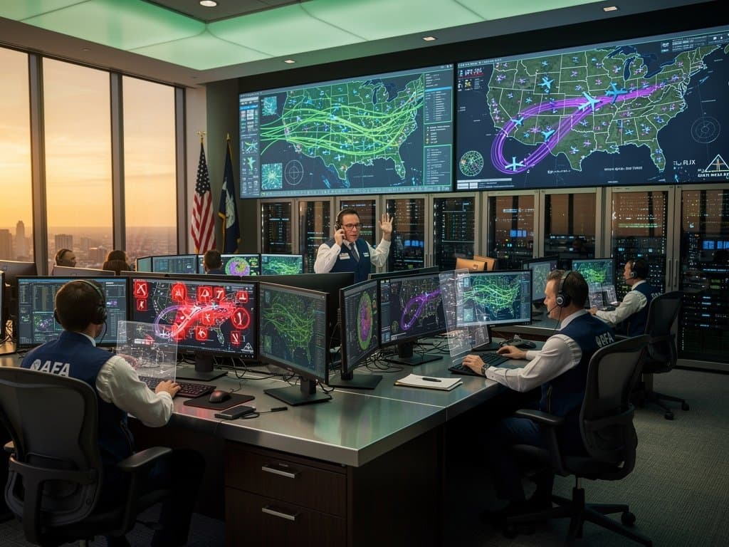 FAA control center radar screens with AI-enhanced flight paths and predictive overlays in high-tech aviation hub