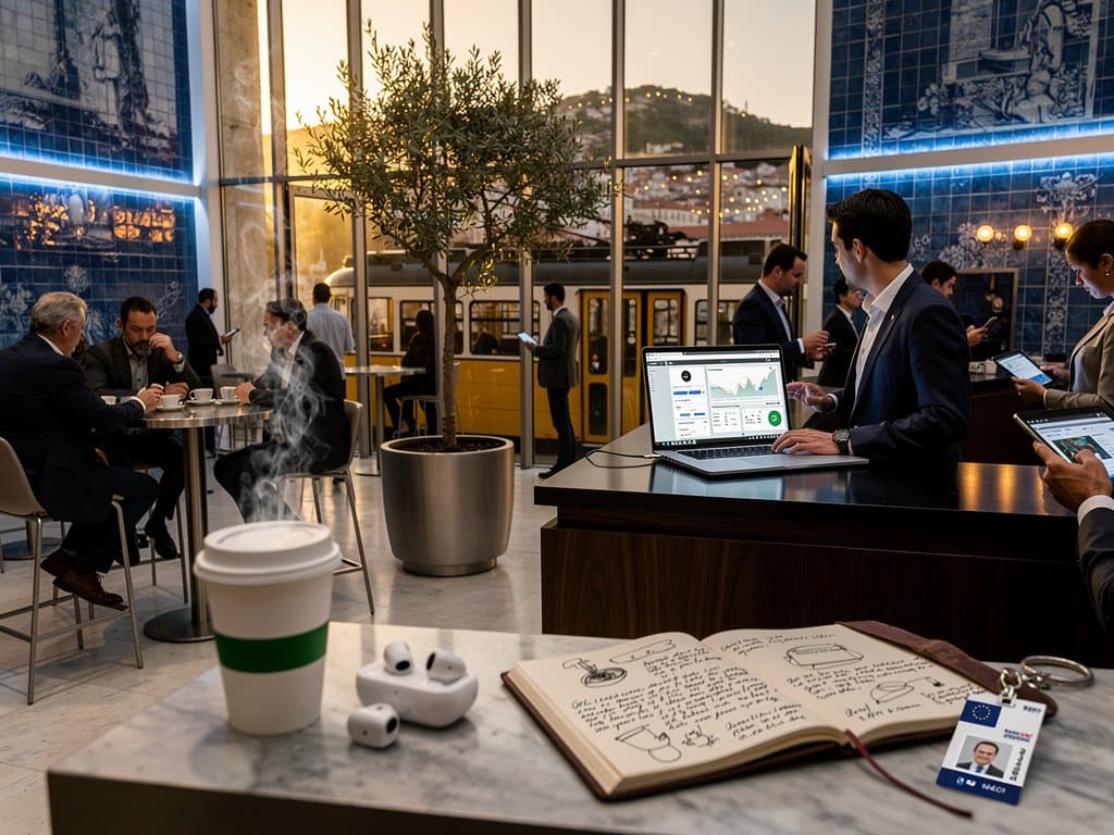 Lisbon hotel lobby with MacBook Pro running zero-copy GPU WebAssembly inference for travel AI, translation overlays, landmarks, BTC chart