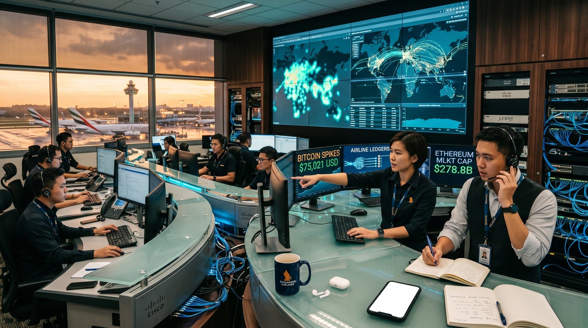 Engineers at airline NOC with multi-monitors tracking IPv6 traffic, world map, fiber cables in operations center