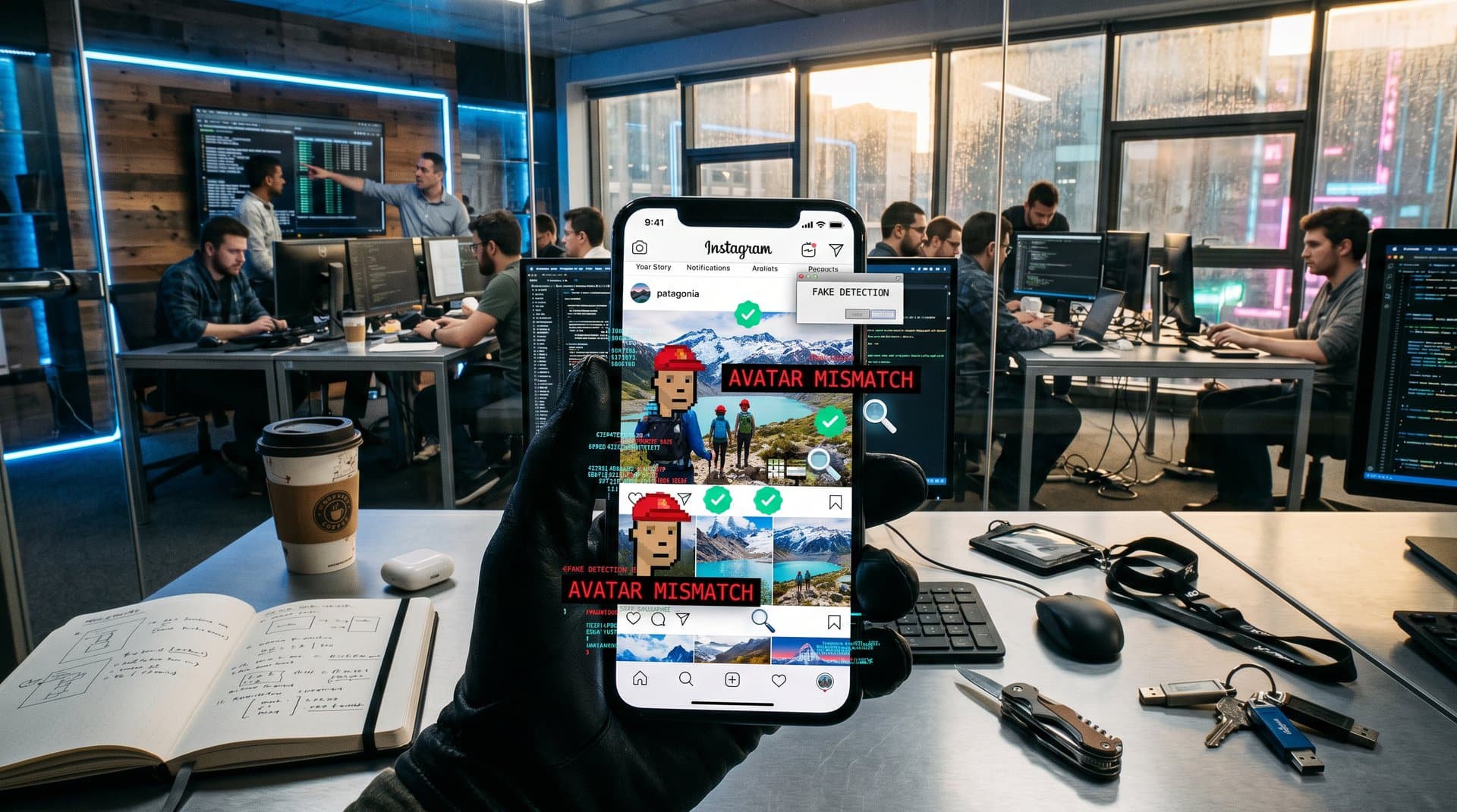 Adventure travel feed hijacked by hundreds of fake pro-Trump avatars with stolen photos on smartphone against Patagonia backdrop