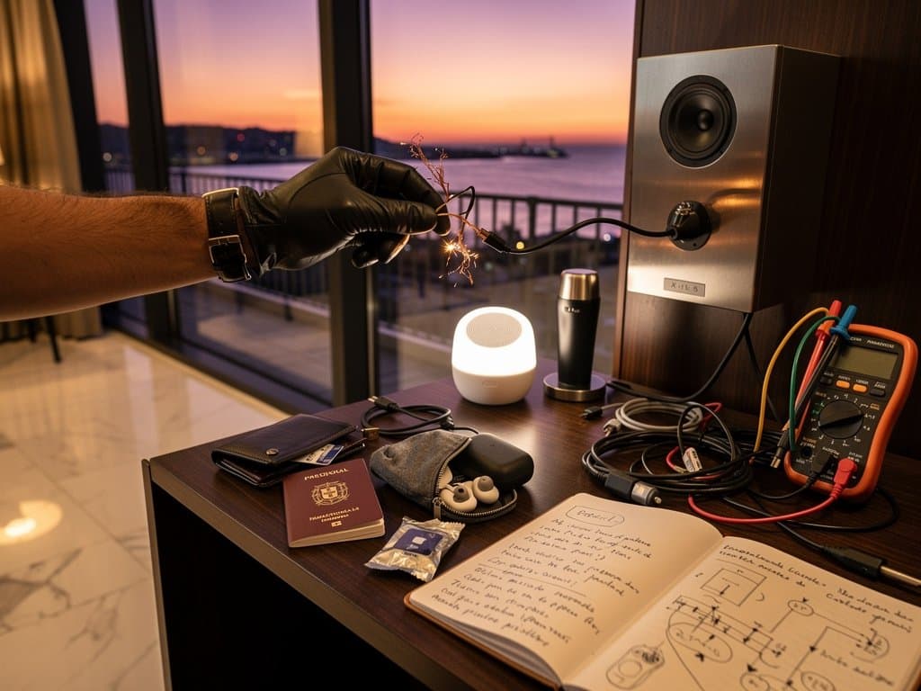 Traveler unplugs JBL hotel speaker amid crypto wallet laptop and privacy tools in dusk-lit room