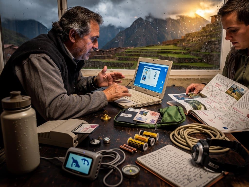 Iomega Zip drive connected to 90s PowerBook G3 on Cusco hostel table with Inca Trail maps and trekking gear