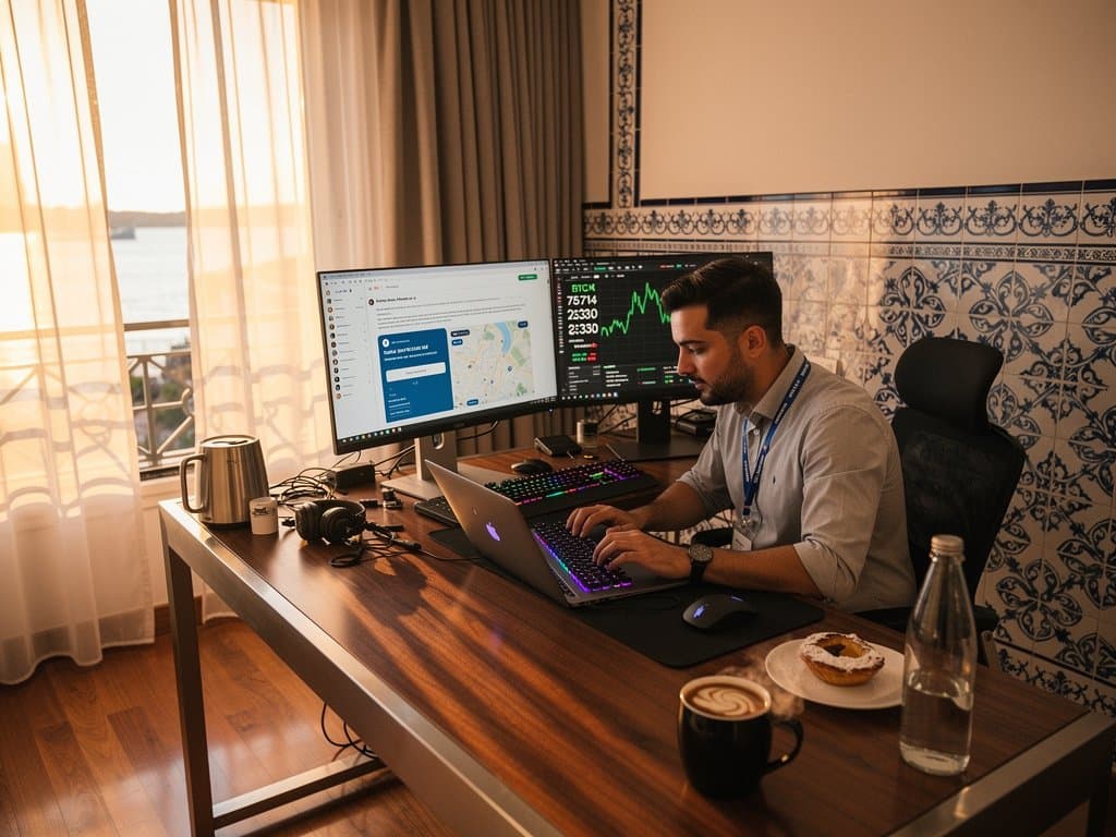 Nomad engineer codes travel tech gig on laptop in Memmo Alfama room with BTC charts and Lisbon Alfama view