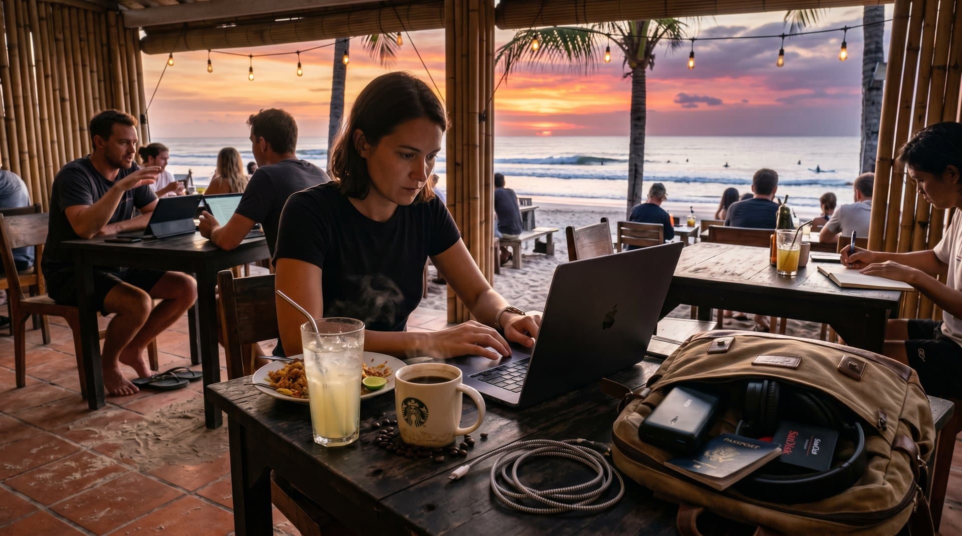 Digital nomad engineer at Bali cafe coding travel tech app on Hacker News with crypto charts and beach view