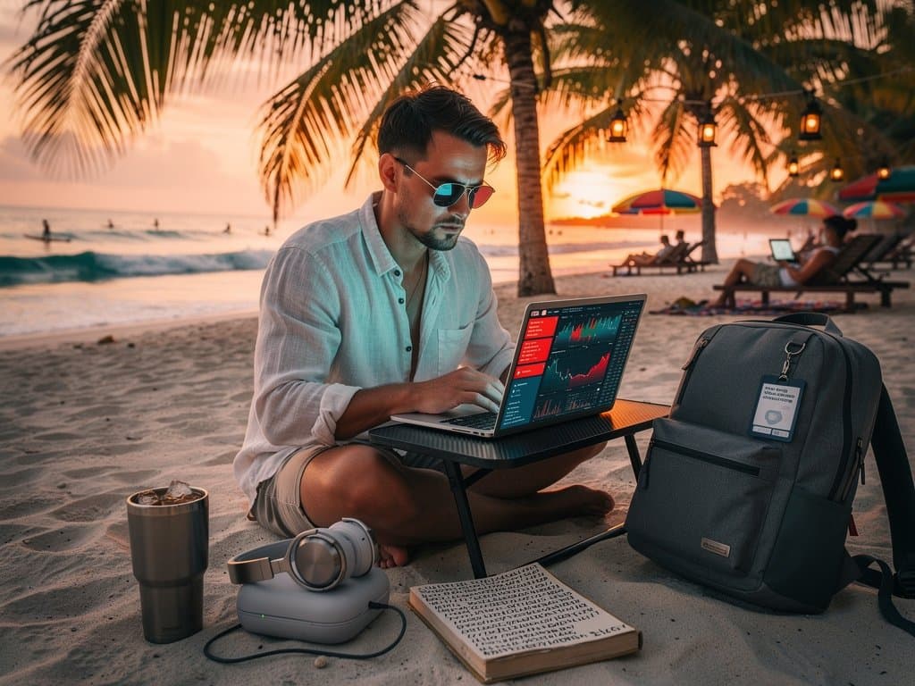 Laptop alert on Vercel breach amid beach scene with crypto charts dropping