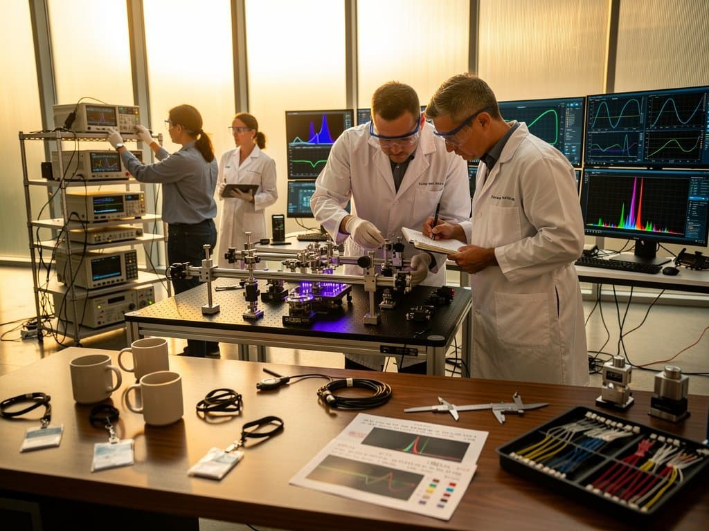 NIST lab engineers calibrate microchip laser on bench with glowing infrared beam, monitors displaying spectra amid high-tech equipment
