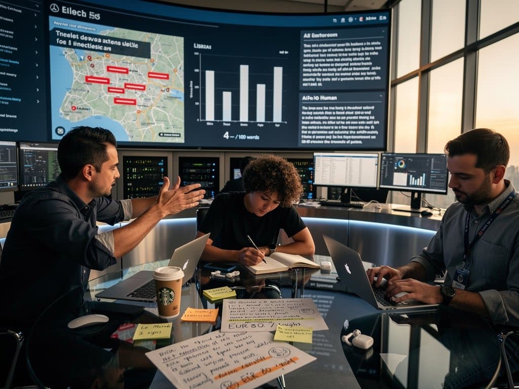 Tech office screens analyze em-dashes in fake travel blogs with Lisbon maps, crypto charts, and practical boxes in modern setup