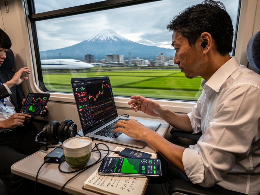 Laptop on Shinkansen tray table shows BTC $74,983 charts and alerts amid high-speed blurred Japanese scenery