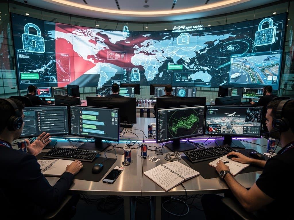 High-tech Dubai airport control center with analysts monitoring flight screens, radar maps, and CCTV amid modern desks and glowing displays
