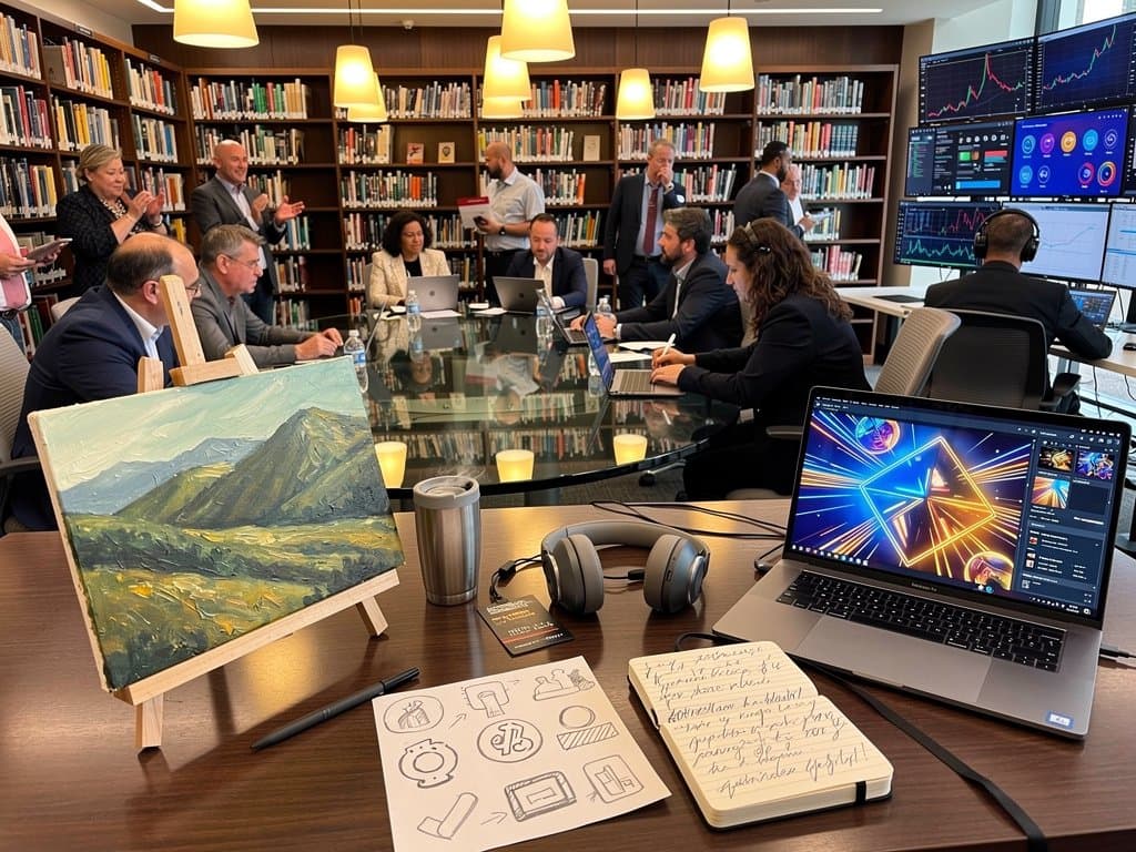 Menlo Park Library Art vs AI event: easel painting beside AI art laptop amid debaters, bookshelves, and BTC charts.