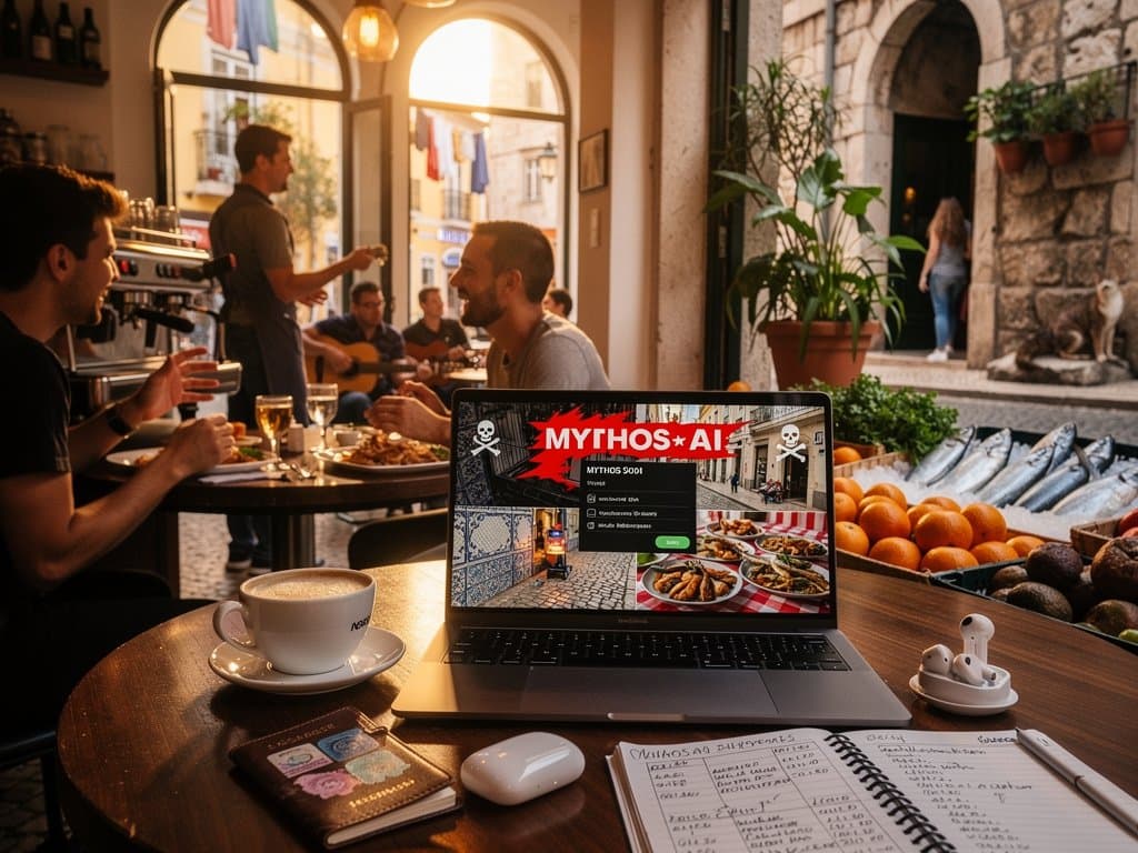 Laptop at Lisbon cafe shows Mythos AI hallucinating hazards over Alfama market scene