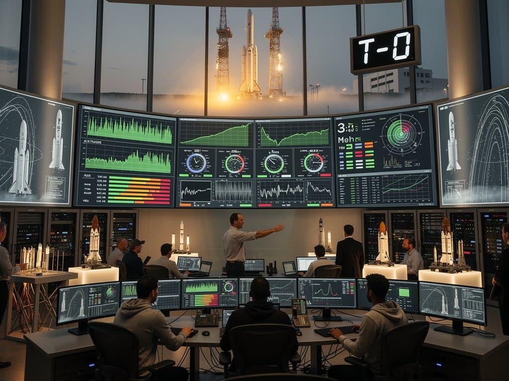 Launch control center monitors New Glenn booster reuse telemetry on curved video walls amid pre-dawn rocket pad view