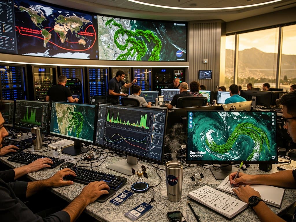 Satellite screens in NASA ops room show AI-tracked green algal blooms swirling in ocean currents off coastal destinations