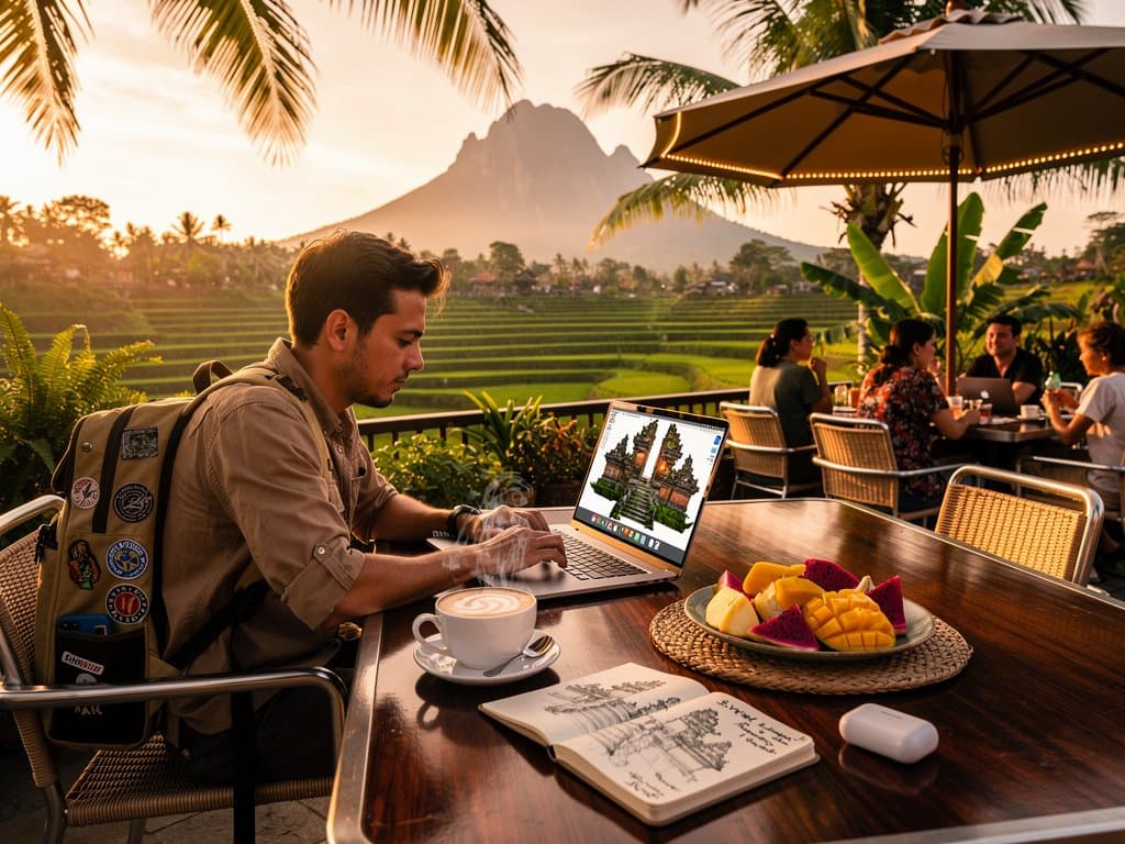 Nomad at Bali cafe with MacBook displaying 3D temple model from photo amid rice terraces