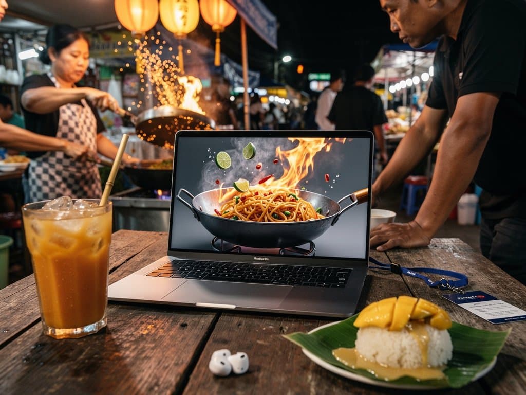 MacBook Air rendering 3D model of Chiang Mai night market street food on wooden table amid blurred colorful stalls and lanterns