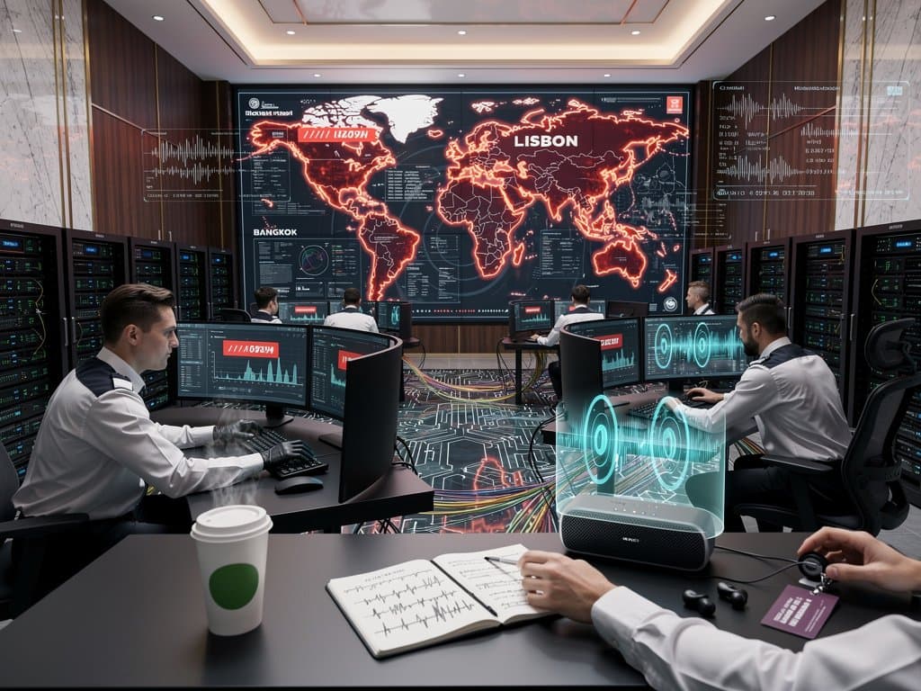 Cybersecurity team monitors speaker hacking signals in high-tech control room for hotel networks