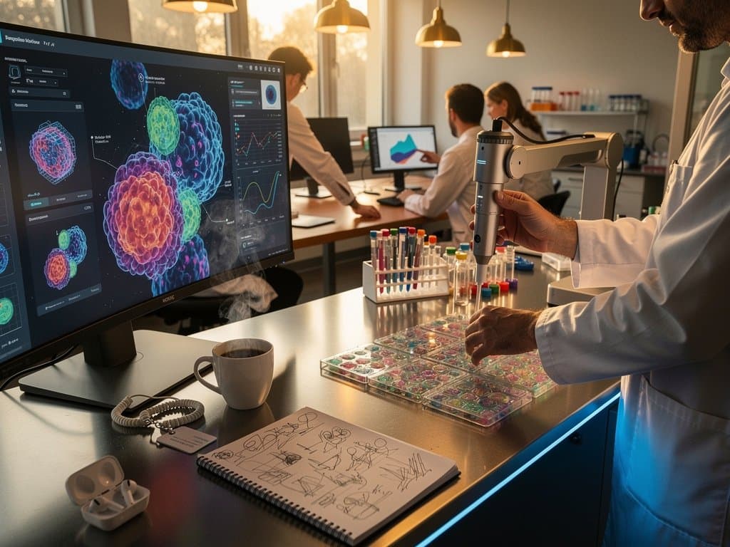 AI-driven organoid lab with robotic systems and monitors in Basel biotech facility