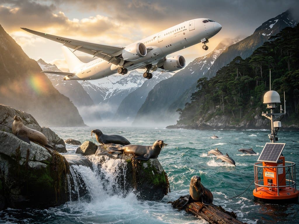 Boeing 787 over New Zealand fjords with Fear & Greed Index overlay, symbolizing AI doomers' remote escape