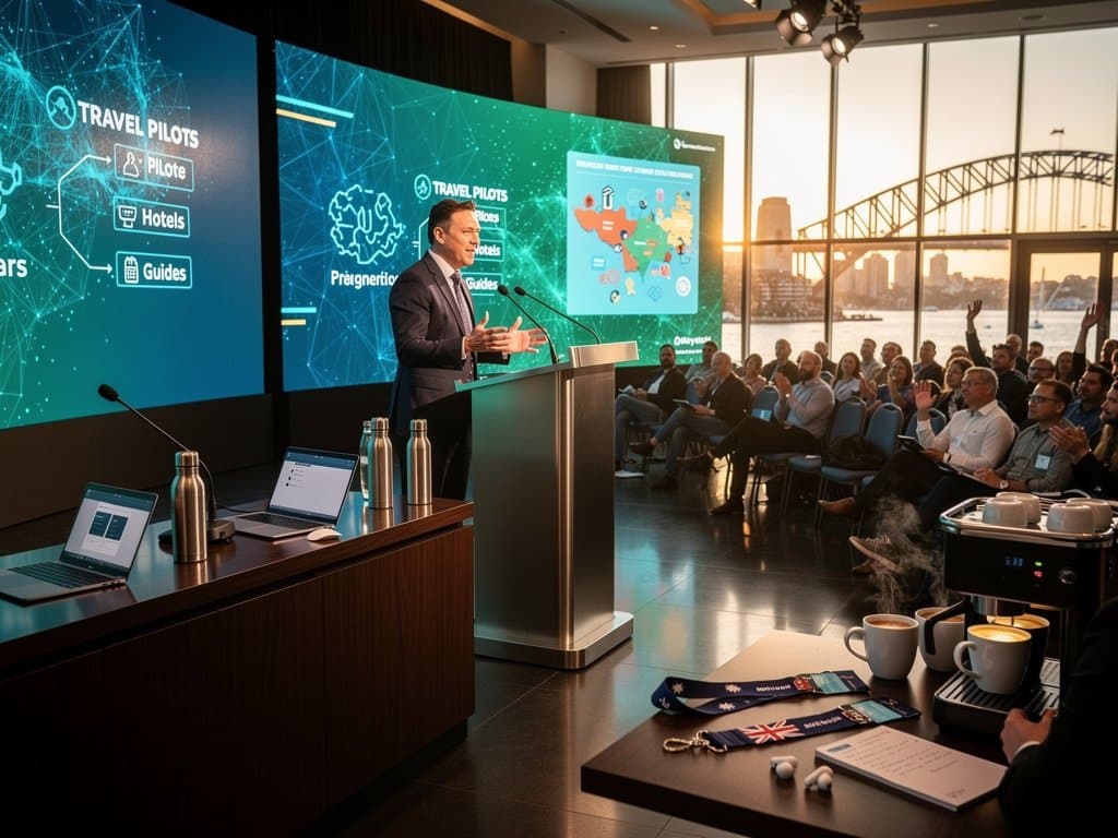 Panel at Microsoft-ACTU Workers’ Summit in Sydney: AI screens, conference table, harbor view, professional crowd