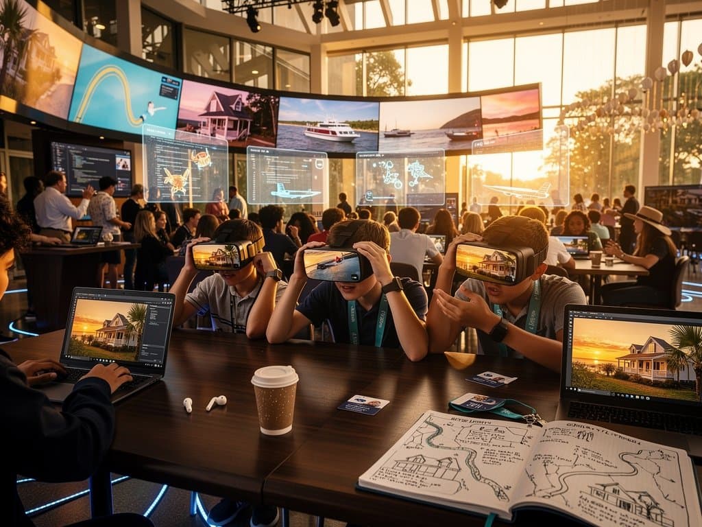Event center with VR headsets and screens showing AI-driven Eastern NC hotel tours amid coastal tech demos