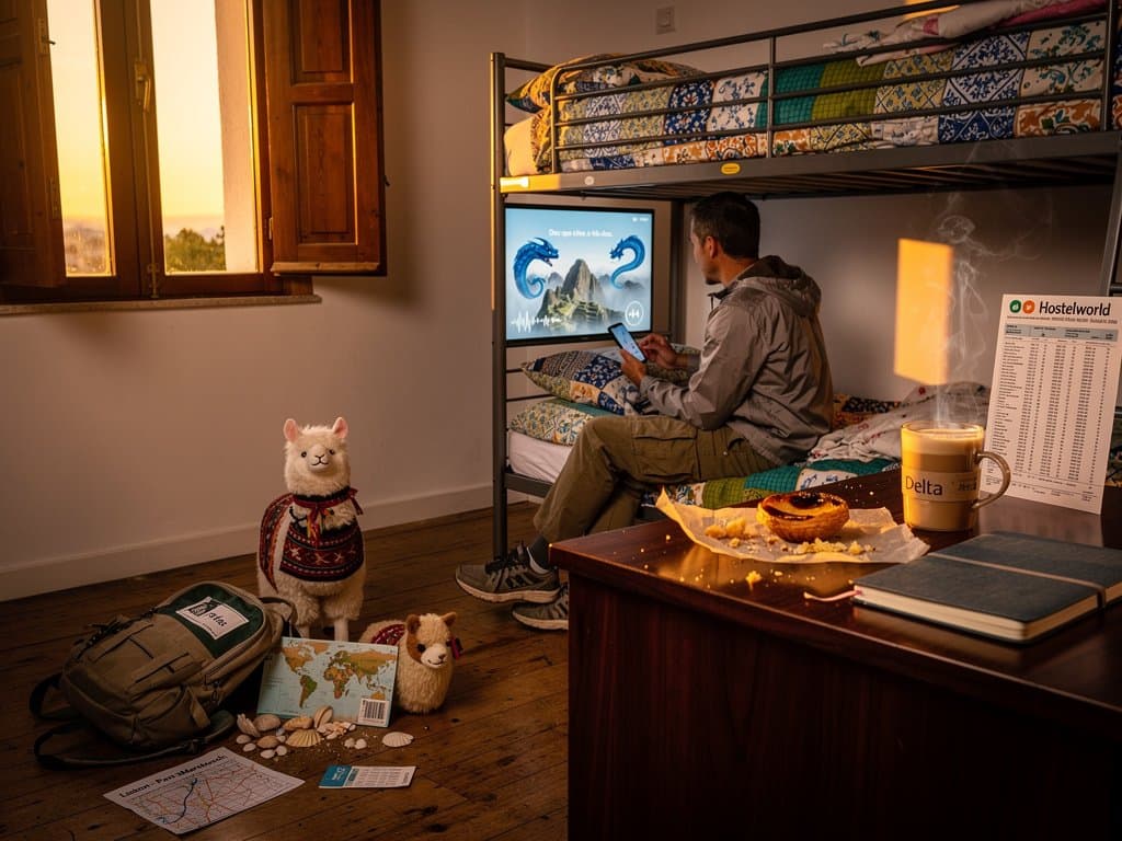 Hostel room with glowing smartphone showing AI bedtime stories, crypto charts on laptop, travel gear scattered in atmospheric Alfama district setting