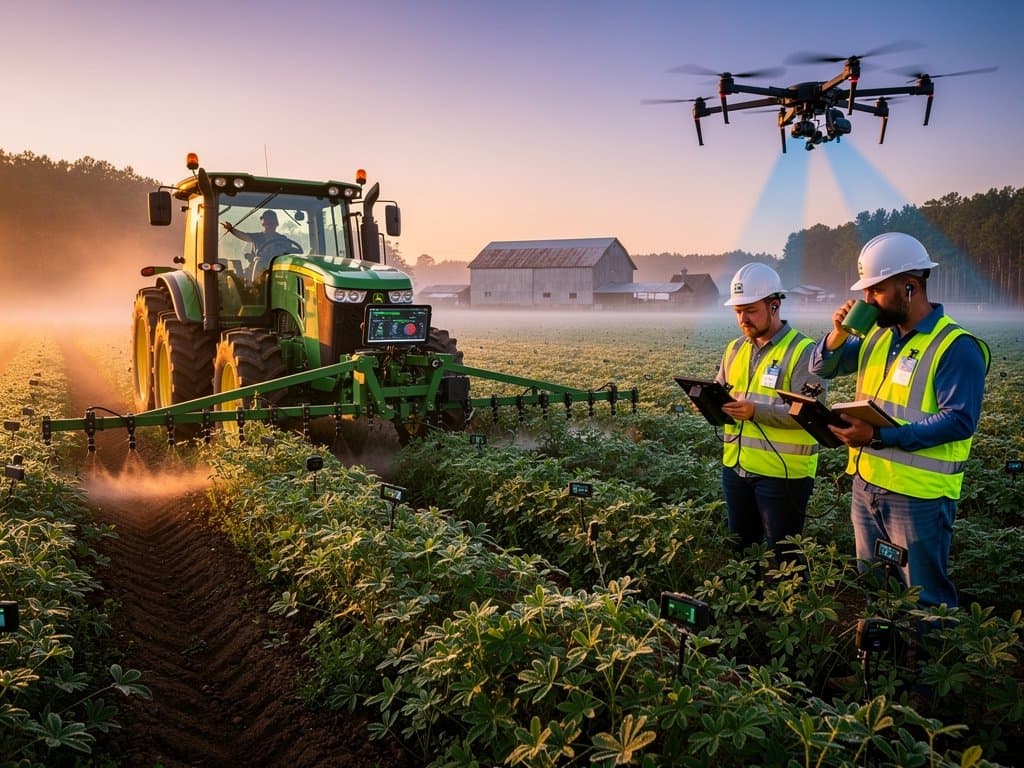 AI-powered tractor and drones over North Carolina farmland at dawn, highlighting agri-tourism hotspots
