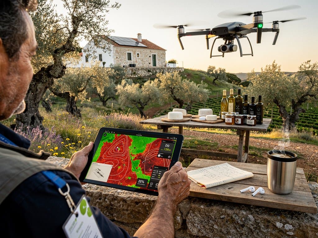 AI tablet in Alentejo olive grove with drone, sustainable farm tourism elements