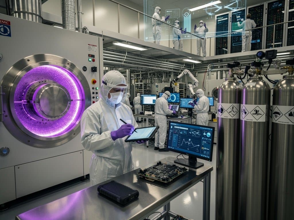 Cleanroom engineers operate plasma etching with bromine cylinders in semiconductor fab for travel tech chips