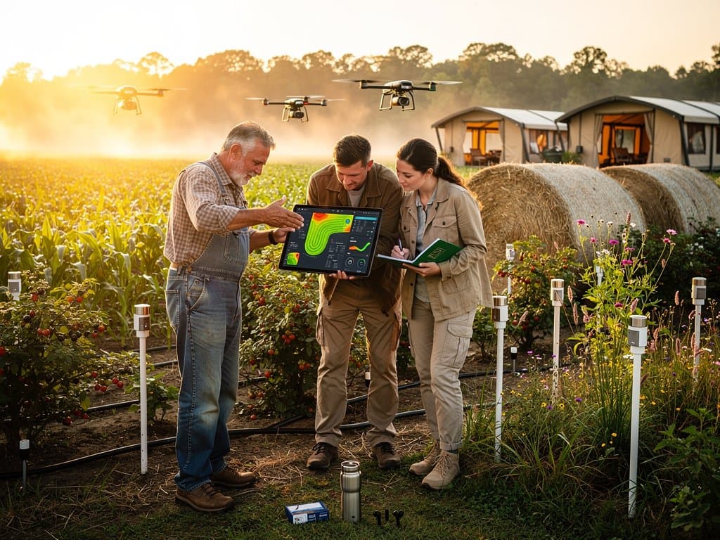 Travelers tour AI-enhanced rural NC farm at dawn with tech displays amid fields and glamping
