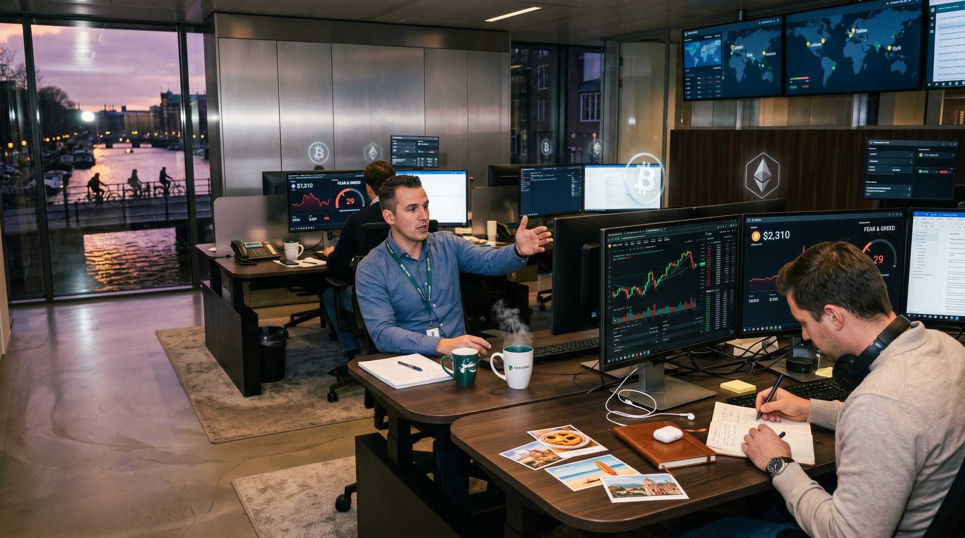 ABN AMRO desks display BTC $75,557, ETH charts, Fear & Greed 29 with Amsterdam skyline