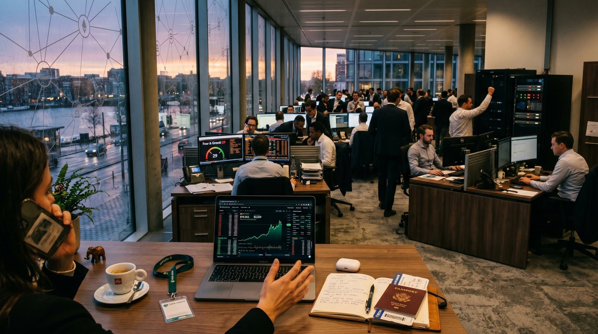 Amsterdam finance desk with ABN AMRO crypto app, BTC charts, passport, boarding pass, and canal view evoking nomad travel