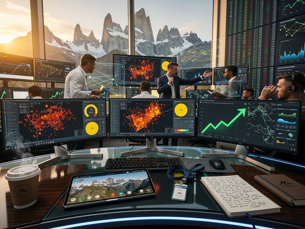 AI analytics travel dashboard with sentiment metrics and crypto overlays in modern ops center (84 chars)