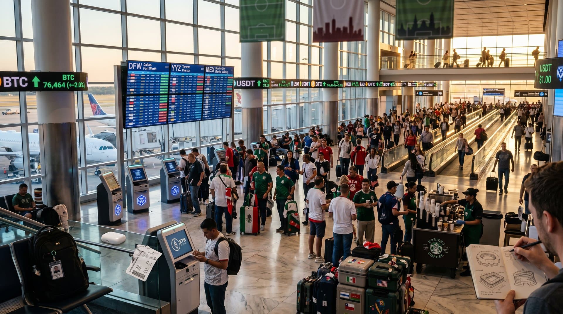 Fans at airport check crypto wallets for World Cup flights to Dallas amid BTC $76,464 charts and stadium banners