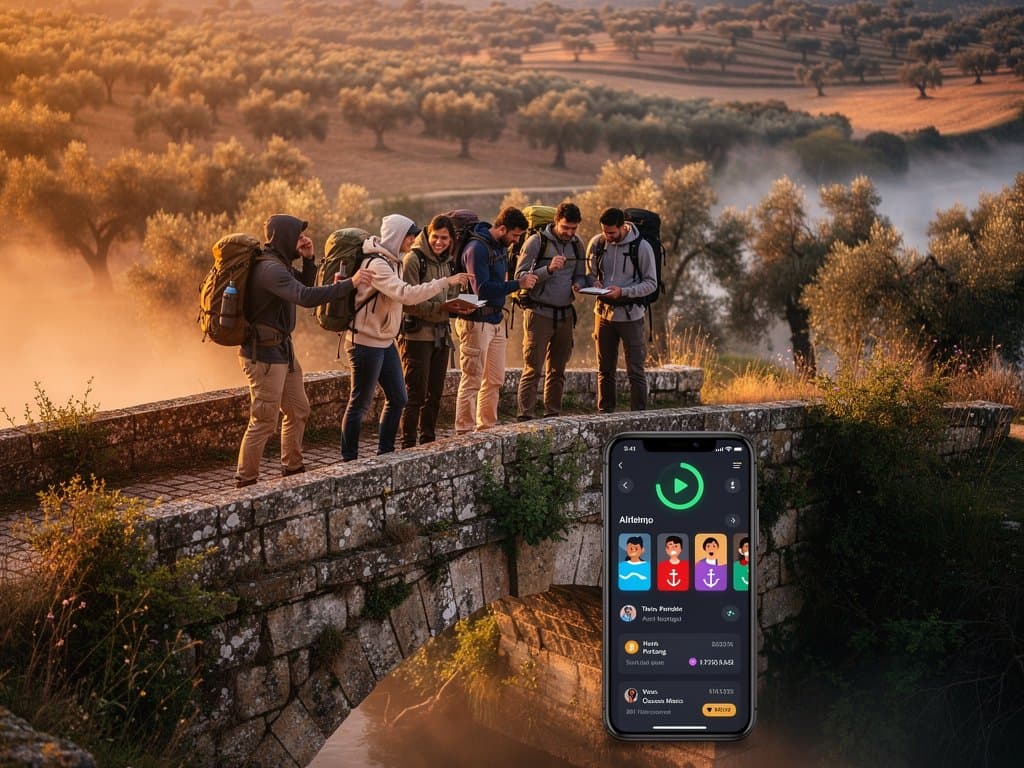 Silhouetted student backpackers on bridge in Alentejo with AI app and crypto wallet glowing on phone amid olive groves at sunset