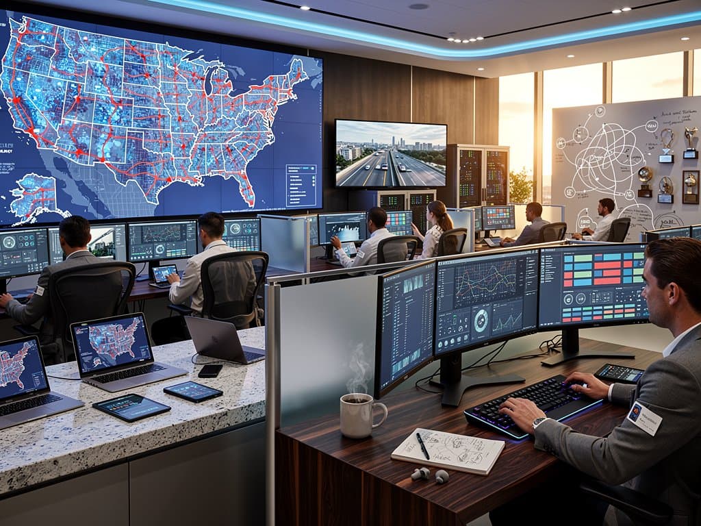 AI traffic heatmaps glow on curved video wall amid monitors and desks in modern DOT operations center