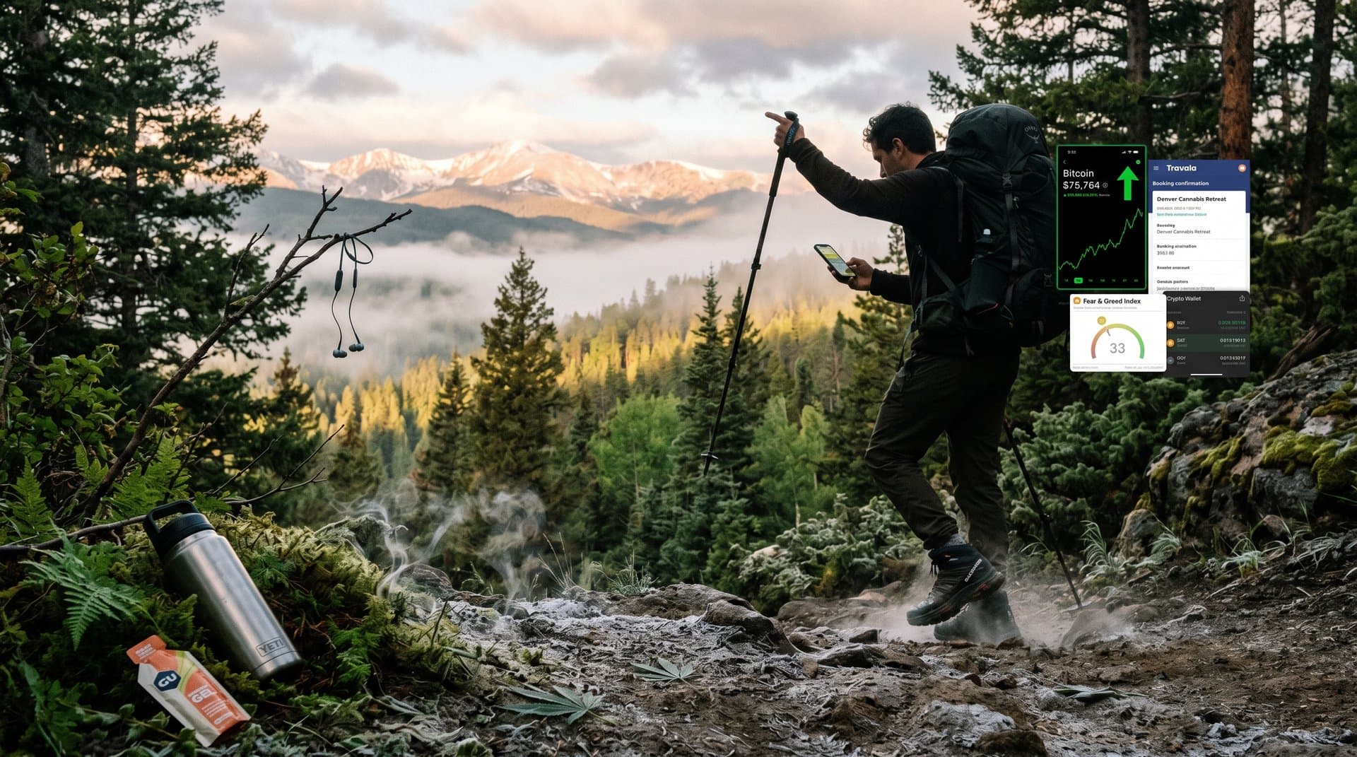 Silhouette hiker on Rocky Mountain trail at dawn with Bitcoin $75,764 chart and Travala cannabis booking on phone
