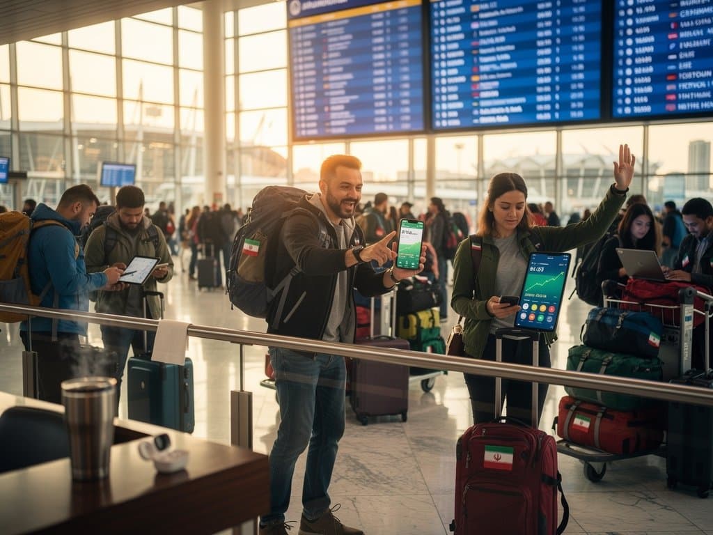 Airport hall with crypto wallets and World Cup tickets on phones amid flight boards to host cities