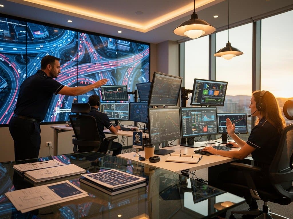 High-tech traffic management center with AI heatmaps on curved screens, dashboards, and city skyline views