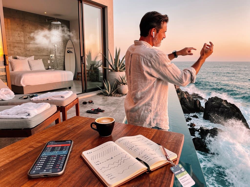 Jetsetter checks BTC $75K on phone at Ericeira surf lodge balcony with ocean sunset and infinity pool