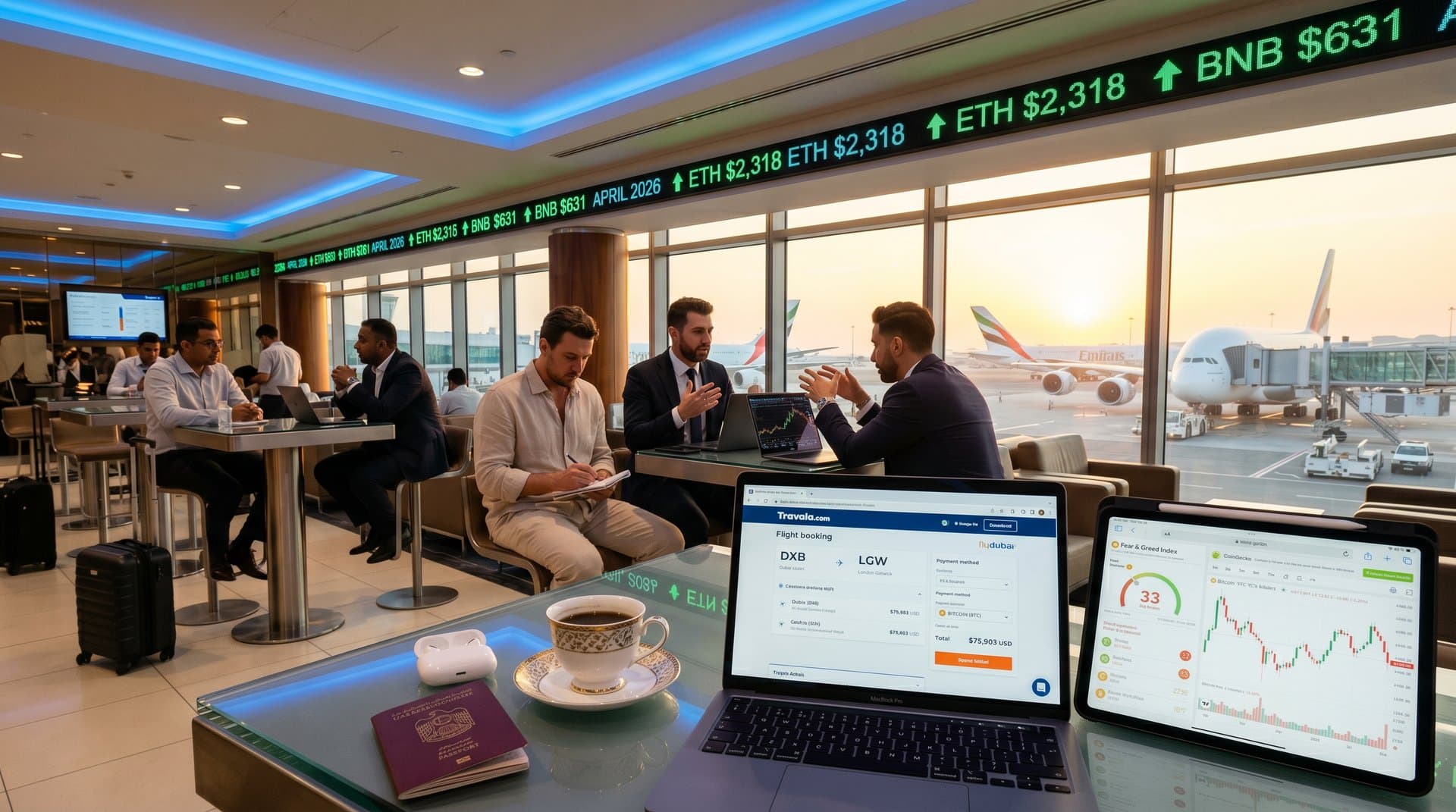 Digital nomad at Dubai airport lounge booking flights with BTC on Travala amid crypto price screens and Fear & Greed index